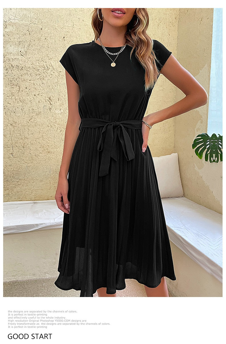 Elegant Casual O Neck Pleated Midi Sundress
