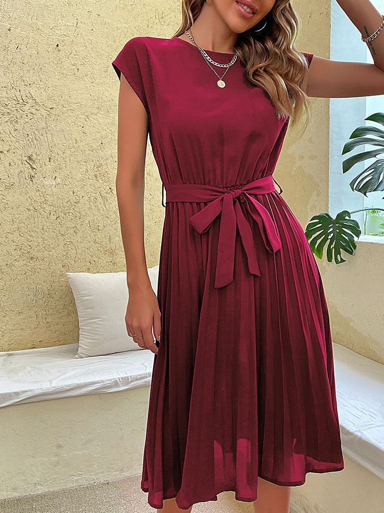 Elegant Casual O Neck Pleated Midi Sundress
