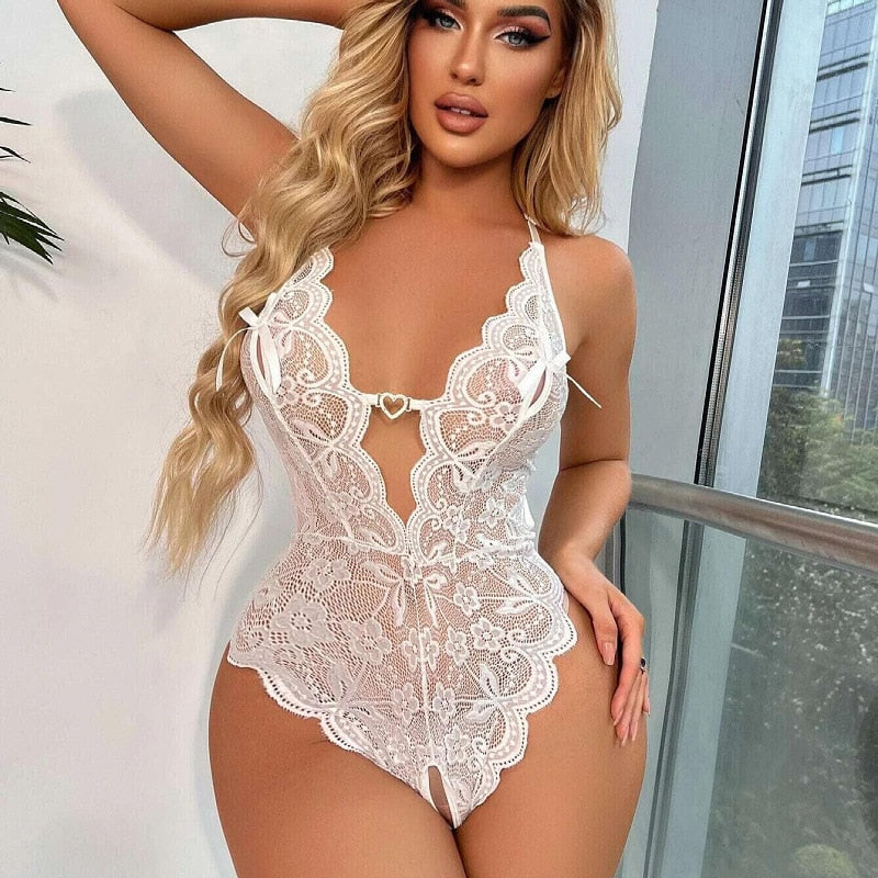 Transparent Lace Sexy V-neck Backless Crotch less lingerie