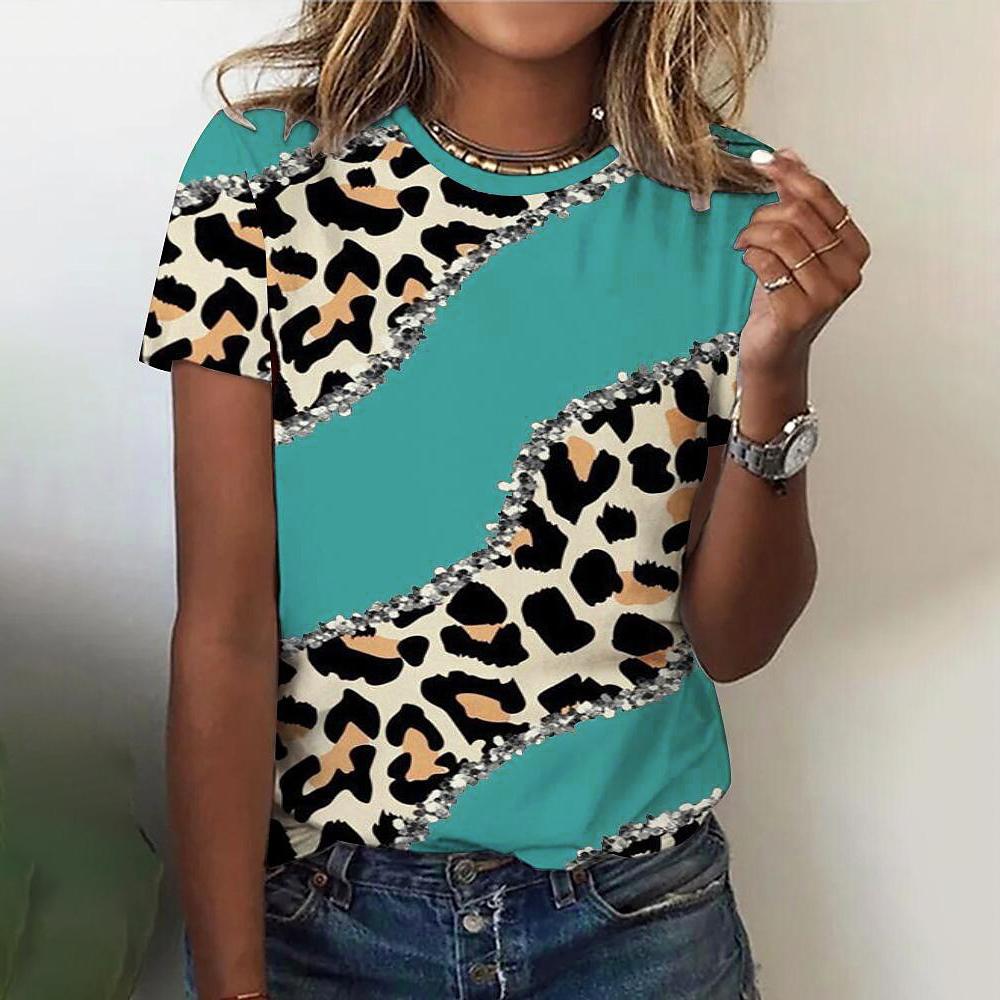 O Neck Leopard Print Short Sleeve Pullover T Shirt