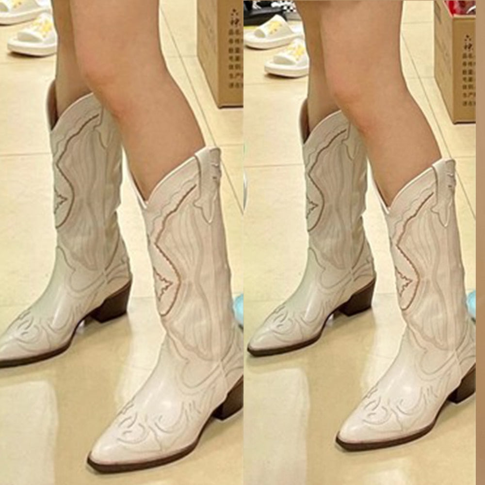 White Western Cowboy/Cowgirl Chunky Heel Pointed Boots