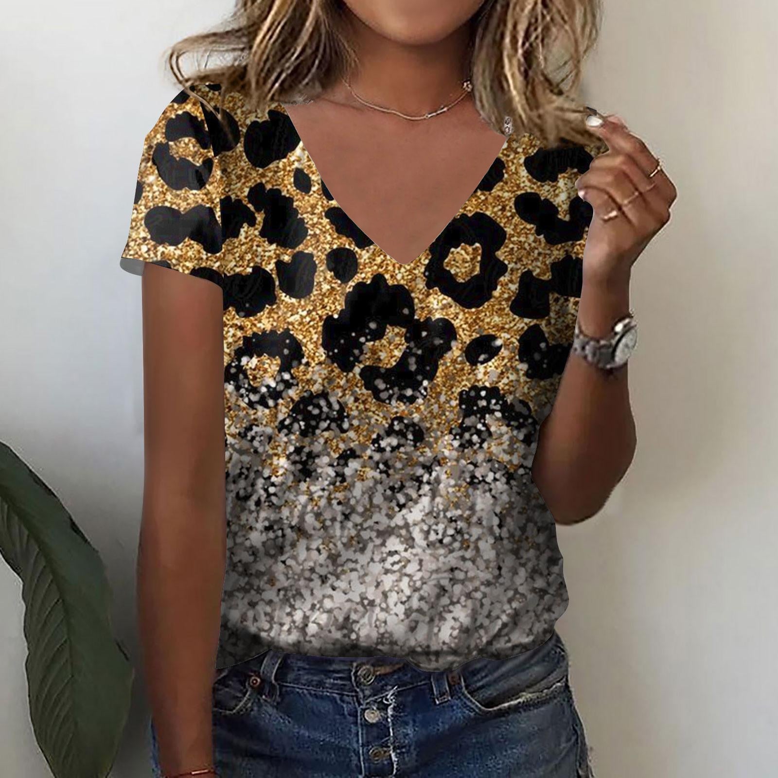 O Neck Leopard Print Short Sleeve Pullover T Shirt