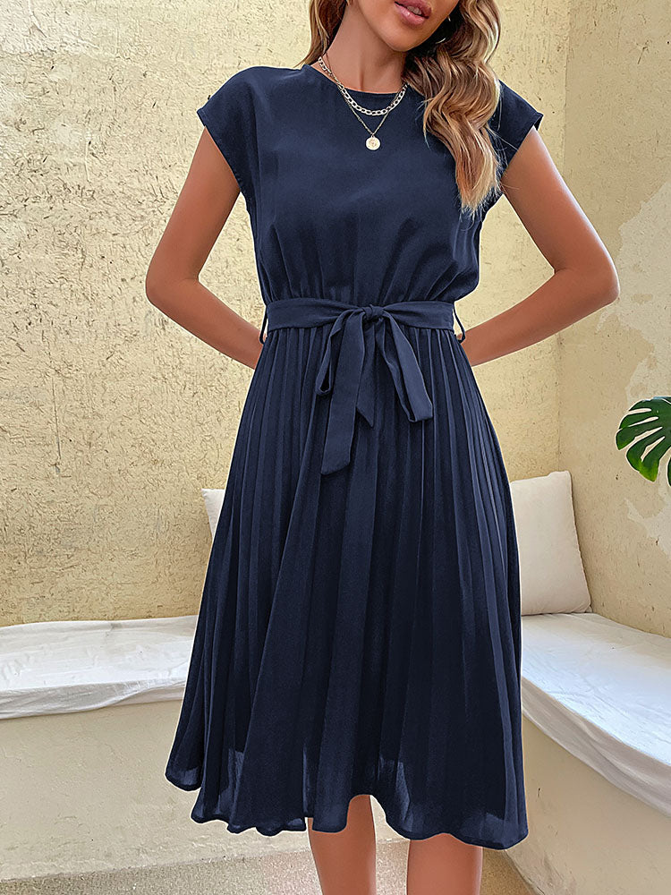 Elegant Casual O Neck Pleated Midi Sundress