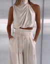 Sleeveless Two Piece Pleated Texture Pants Set