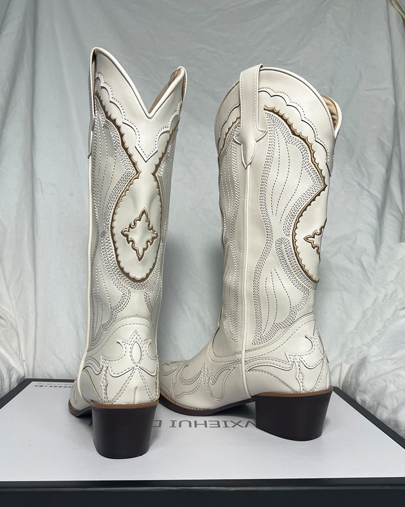 White Western Cowboy/Cowgirl Chunky Heel Pointed Boots
