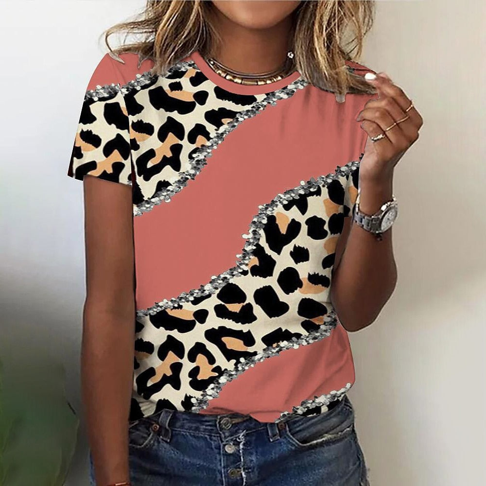O Neck Leopard Print Short Sleeve Pullover T Shirt