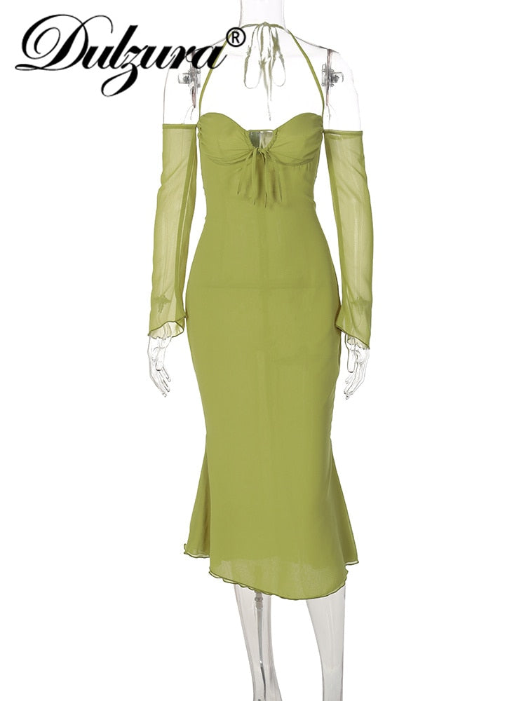 Chiffon Lace Up Halter Backless Mid-Calf Dress