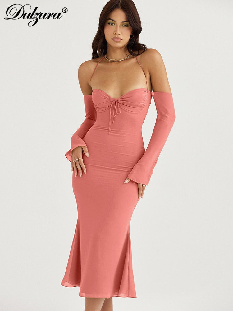 Chiffon Lace Up Halter Backless Mid-Calf Dress
