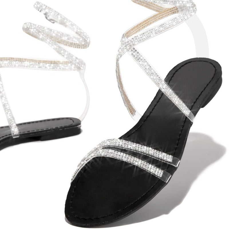 Cross Tied Crystal Flat Sandals