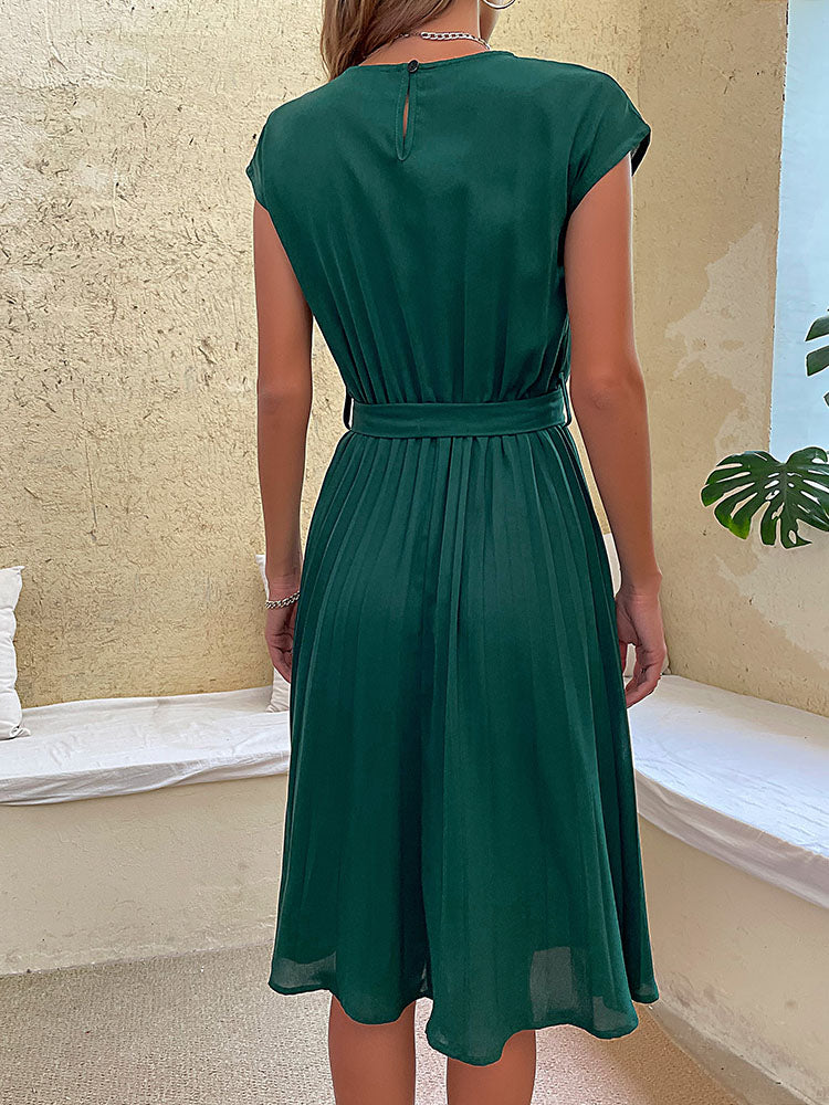 Elegant Casual O Neck Pleated Midi Sundress