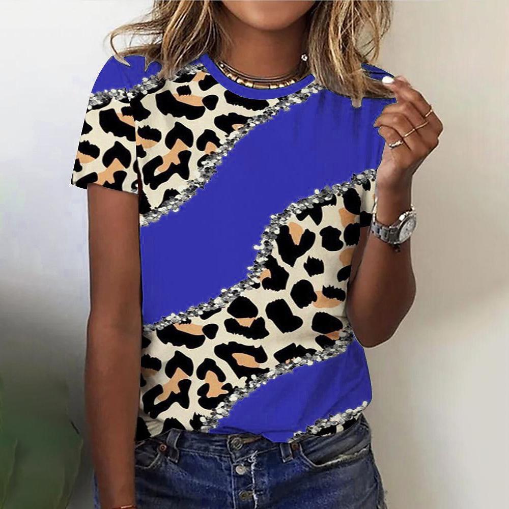 O Neck Leopard Print Short Sleeve Pullover T Shirt