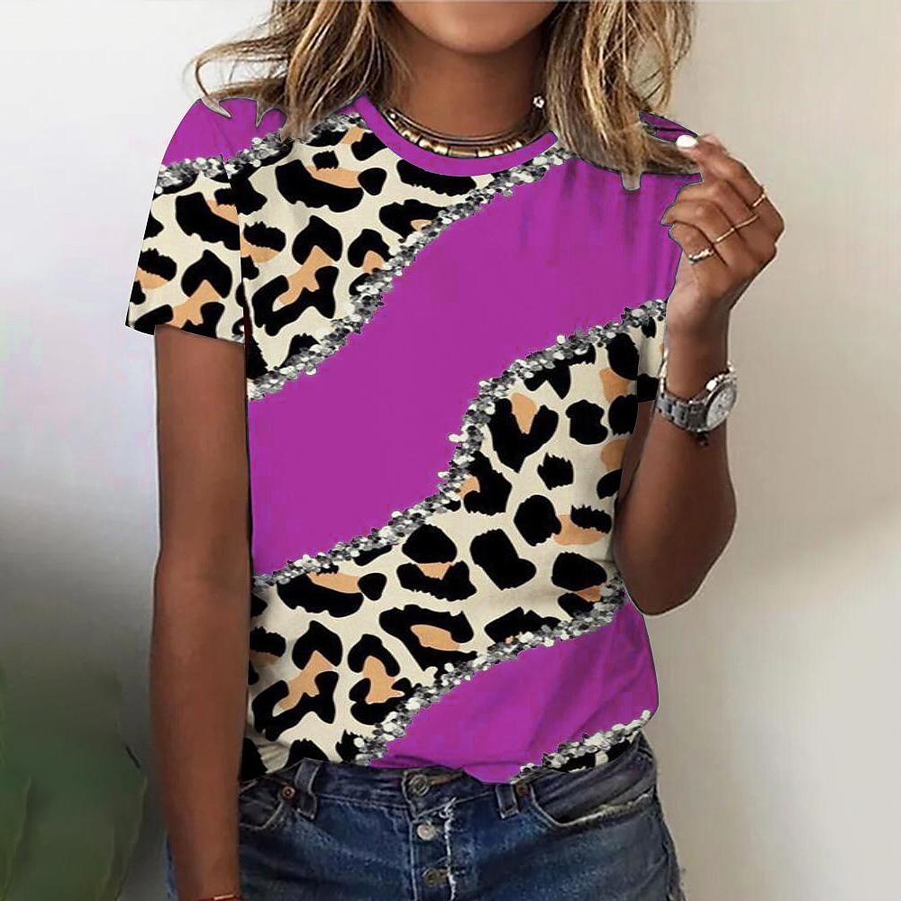 O Neck Leopard Print Short Sleeve Pullover T Shirt