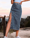 Women's Button A-line Side Split High Waist Denim Skirt