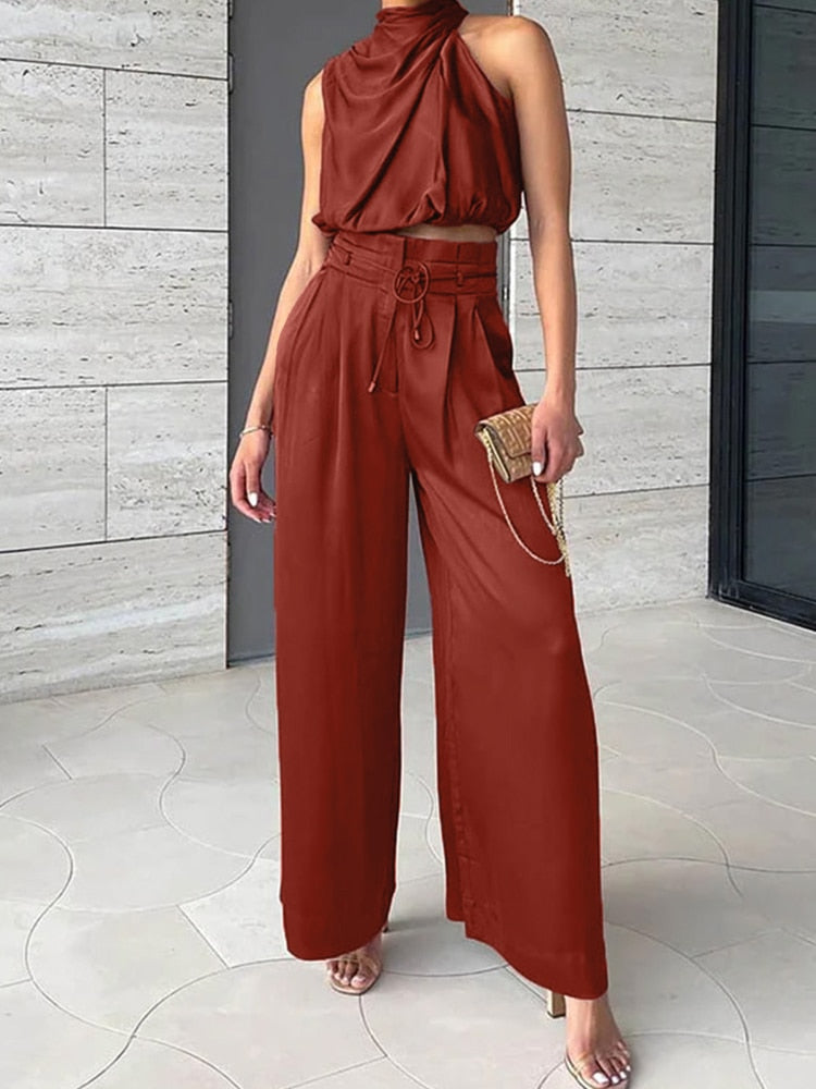 Sleeveless Two Piece Pleated Texture Pants Set