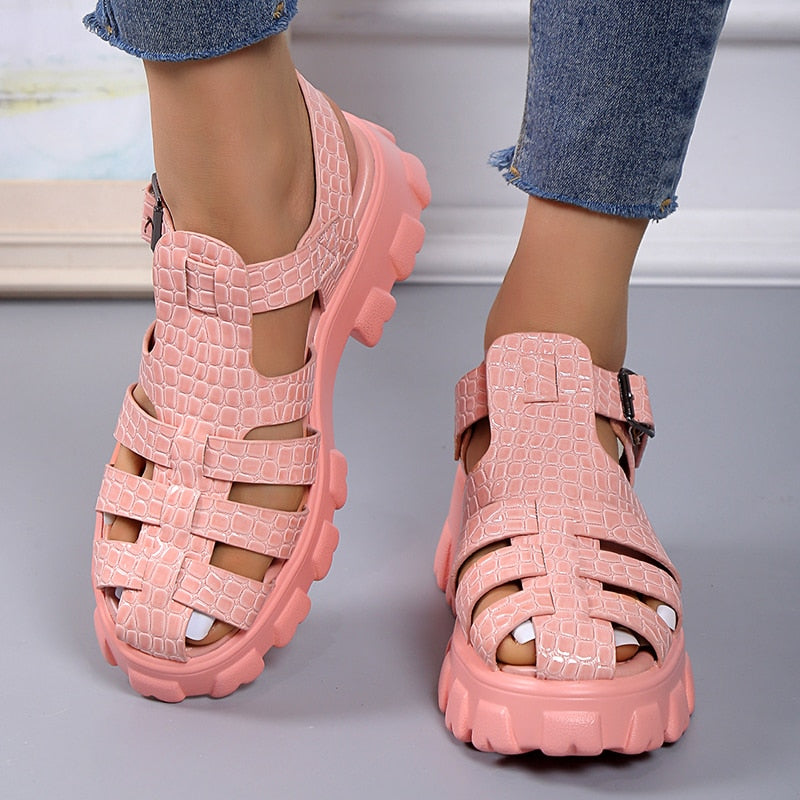 Band Cross-tied Platform Square Heel Shoes