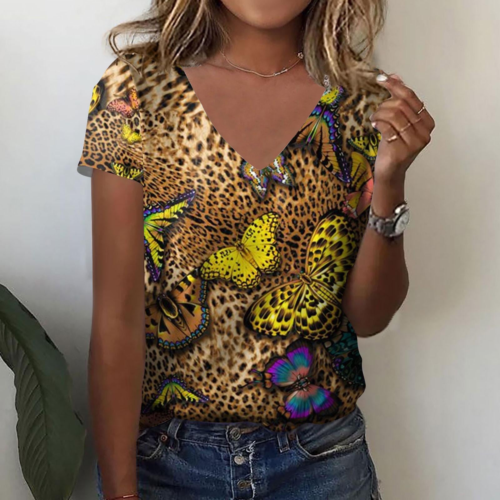 O Neck Leopard Print Short Sleeve Pullover T Shirt