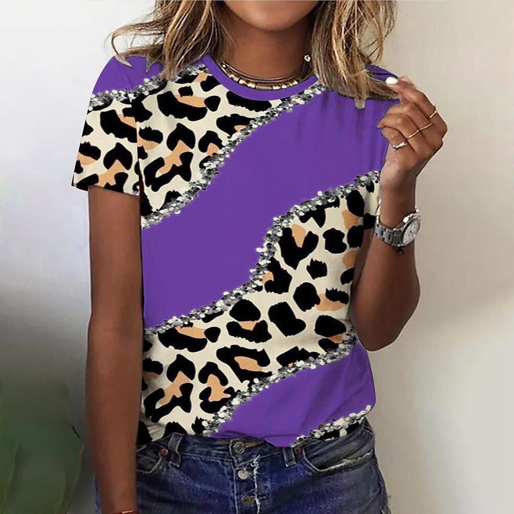 O Neck Leopard Print Short Sleeve Pullover T Shirt