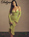 Chiffon Lace Up Halter Backless Mid-Calf Dress