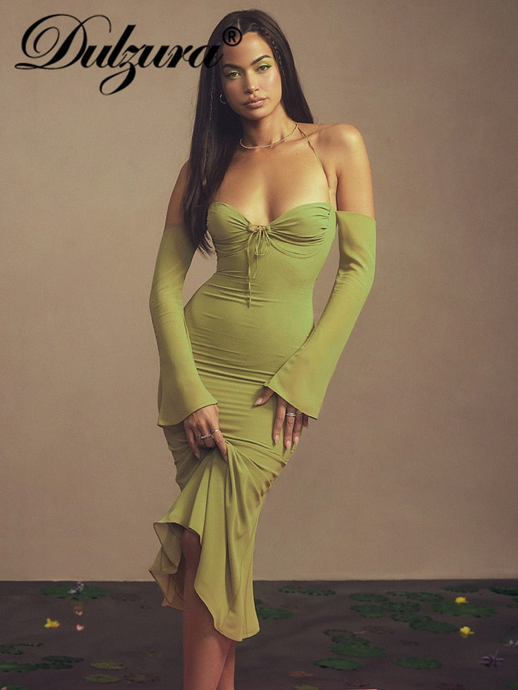 Chiffon Lace Up Halter Backless Mid-Calf Dress