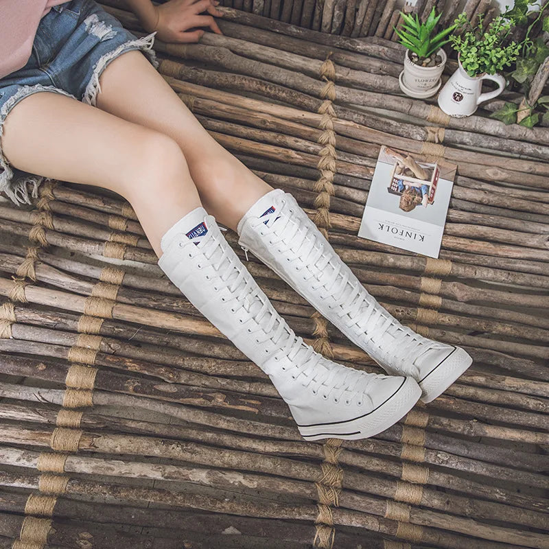 New Spring Canvas High Top Long Boots Lace-Up Sneakers