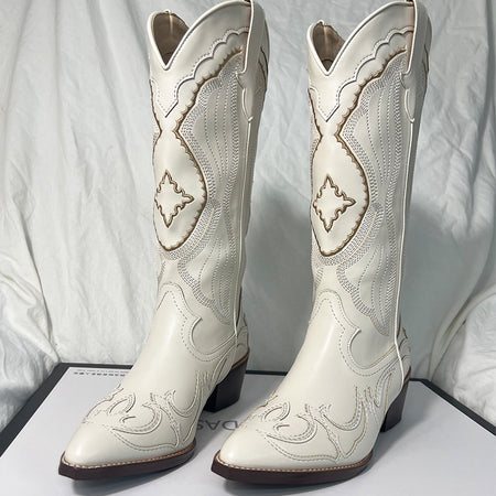 White Western Cowboy/Cowgirl Chunky Heel Pointed Boots