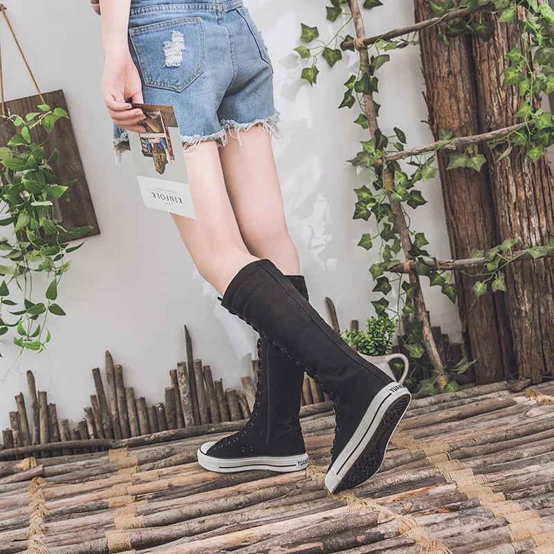 New Spring Canvas High Top Long Boots Lace-Up Sneakers