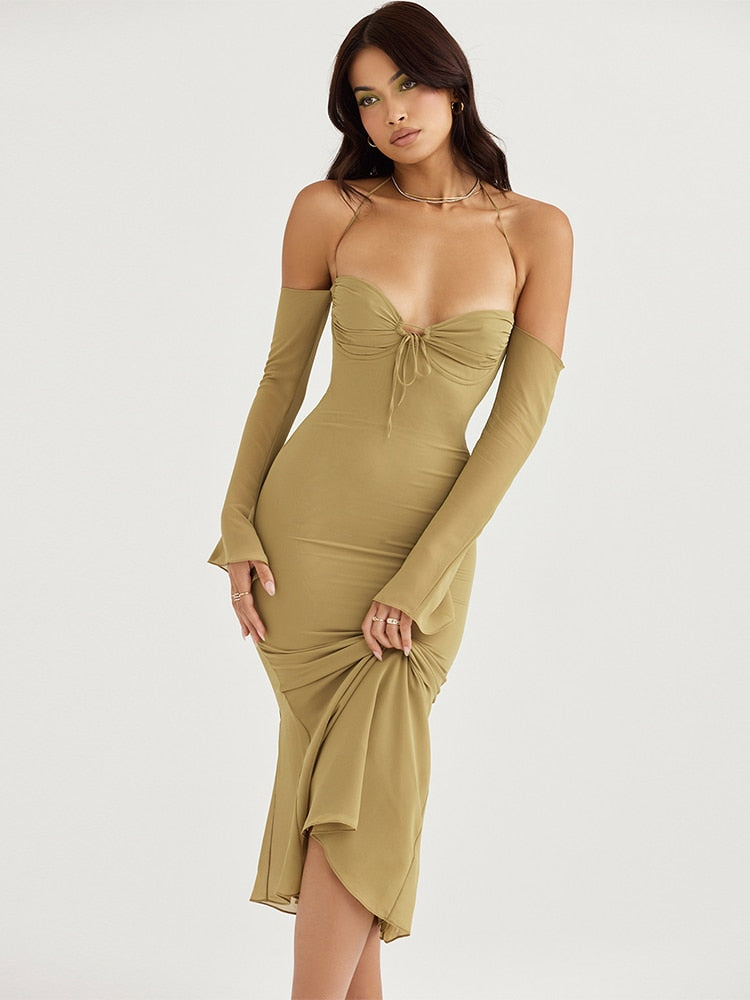 Chiffon Lace Up Halter Backless Mid-Calf Dress