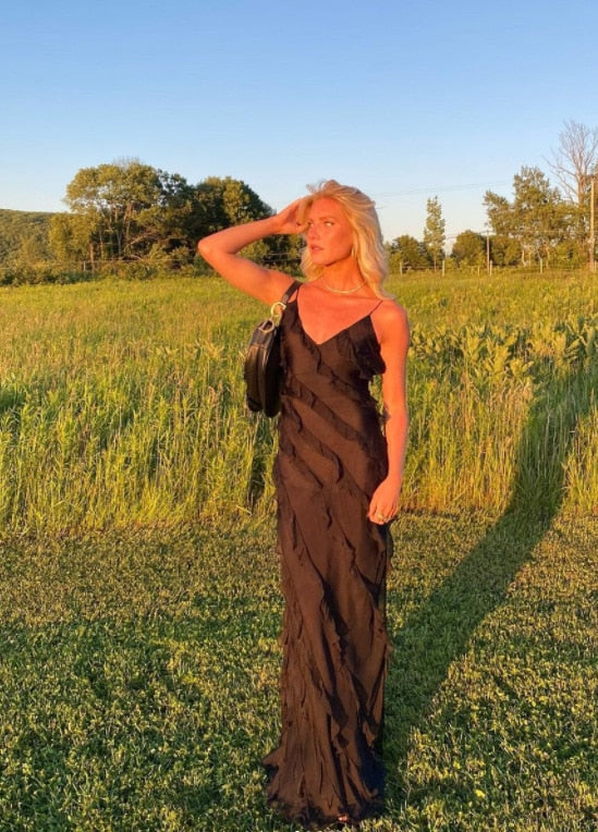 Elegant Deep V Neck Maxi Dress With Sexy Ruffles