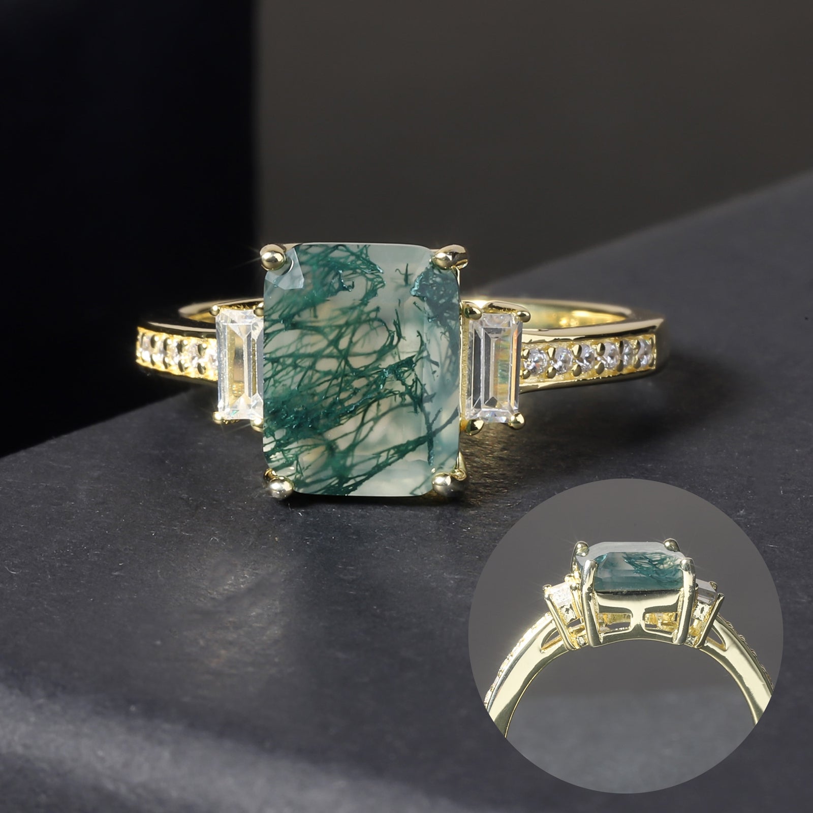 Unique 2.38Ct 7x9mm Octagon Cut Moss 925 Sterling Silver Women's Ring