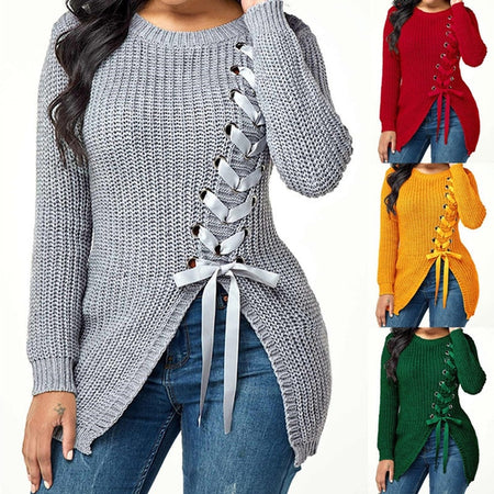Long Thick Casual Lace-up Sexy Split Sweater With Side Slits