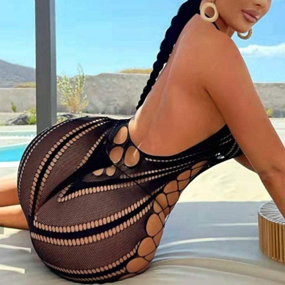 Fishnet Halter Backless Low Cut Dress