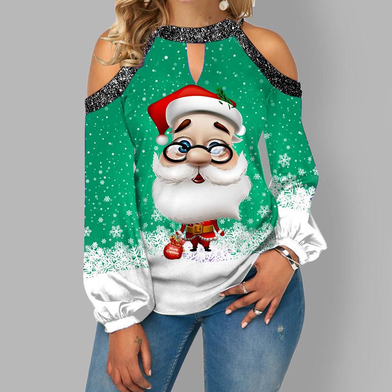 Oversized Santa Print Off-shoulder Long-sleeved Top