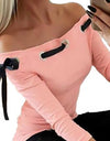 Long Sleeve Off Shoulder Hollow Out Slim Fits Shirt