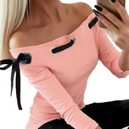 Long Sleeve Off Shoulder Hollow Out Slim Fits Shirt