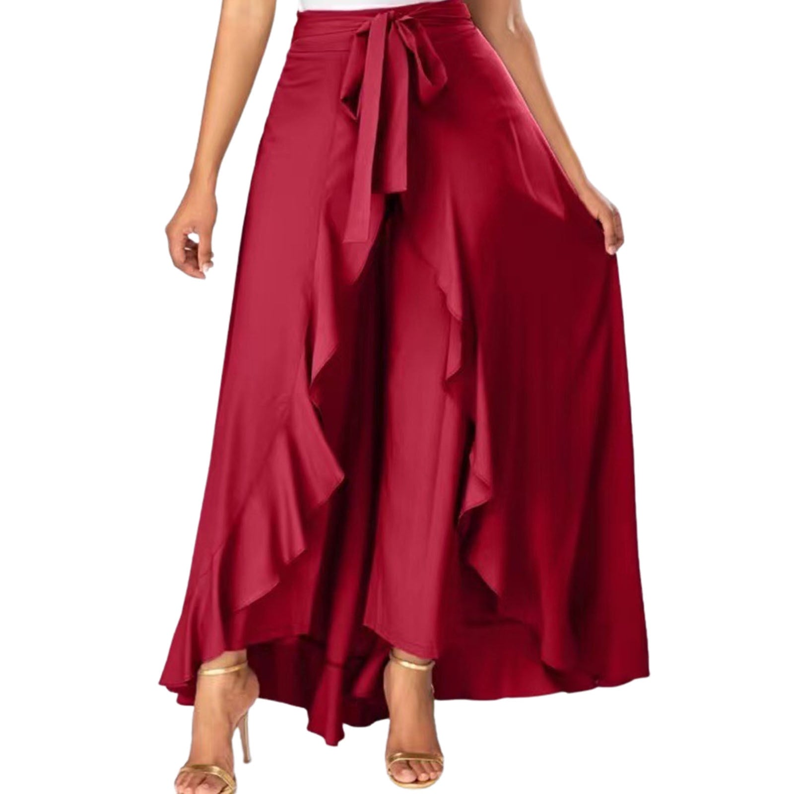 Chiffon Wide-Leg Ruffle Split Tie-Waist Maxi Skirt