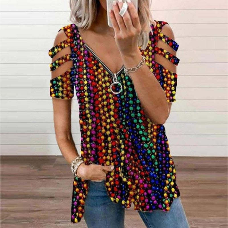 V-Neck Zipper Blouse Pullover