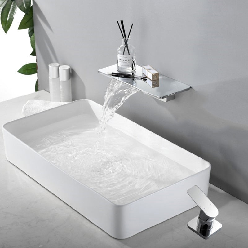 Waterfall Sink Faucet Shelf Basin Water Mixer Black Matte