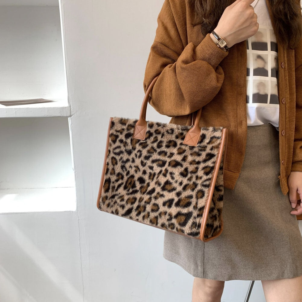 Cow & Leopard Print PU Leather Plush Top-Handle Bag