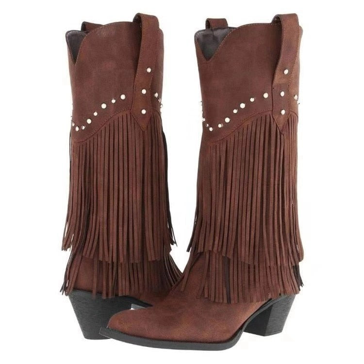 Thick Pointed Heel Tassel High Boots