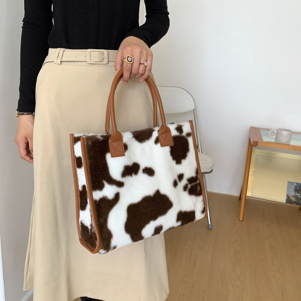 Cow & Leopard Print PU Leather Plush Top-Handle Bag
