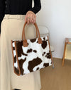 Cow & Leopard Print PU Leather Plush Top-Handle Bag