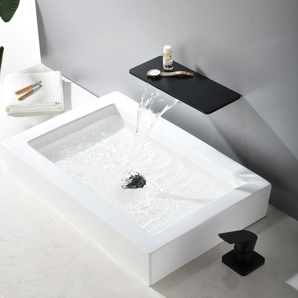 Waterfall Sink Faucet Shelf Basin Water Mixer Black Matte