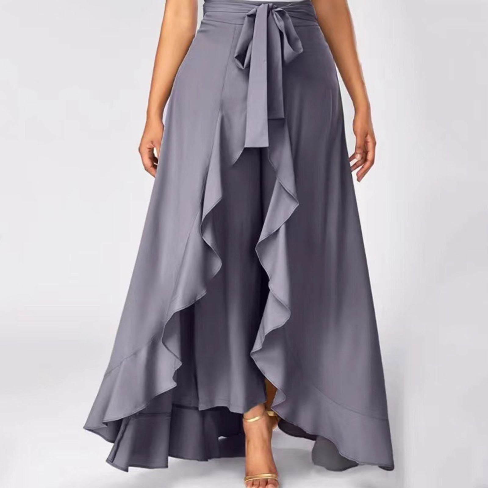 Chiffon Wide-Leg Ruffle Split Tie-Waist Maxi Skirt