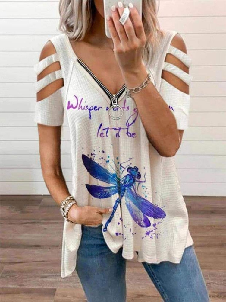 V-Neck Zipper Blouse Pullover