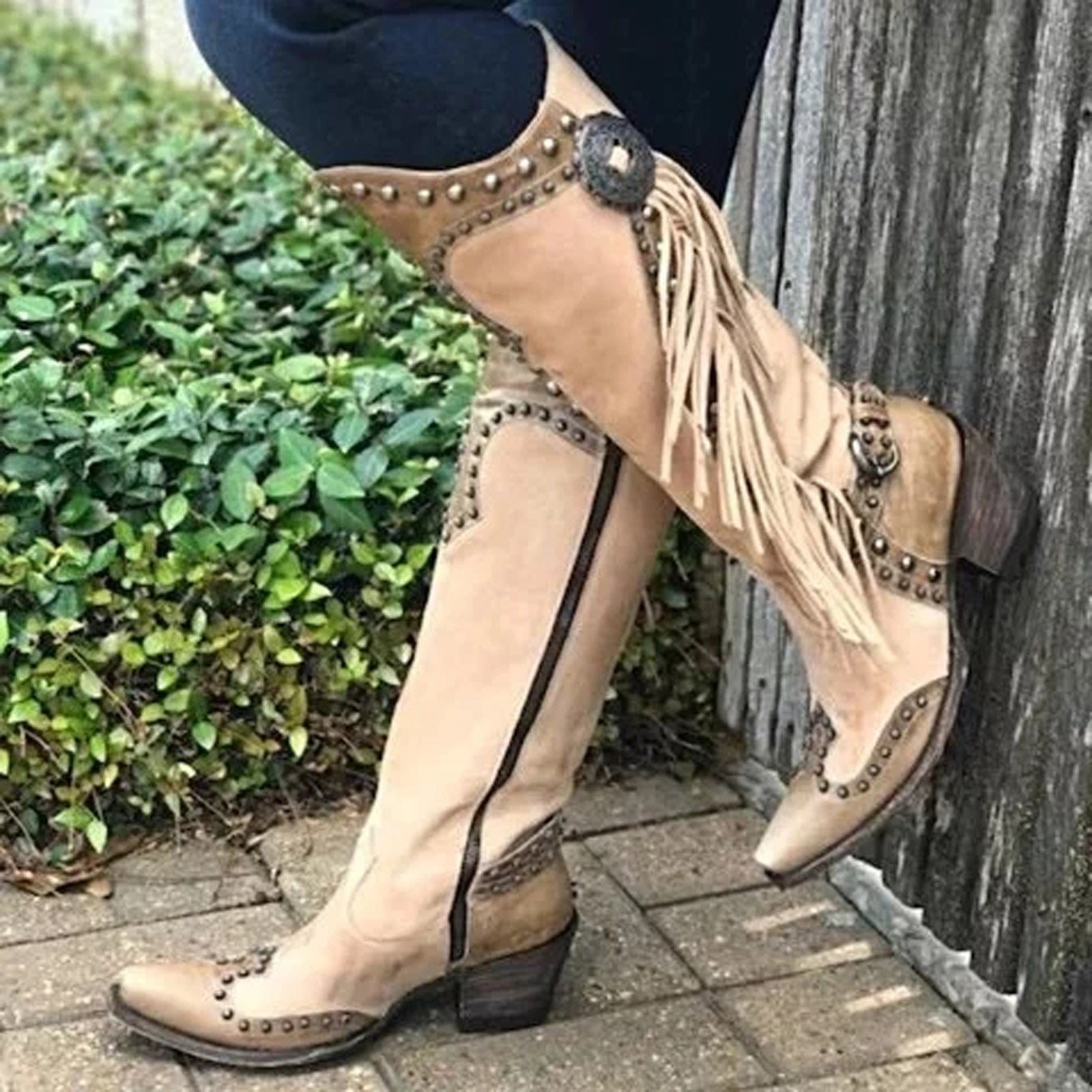 Mid Calf Pu Leather  Cowgirl Retro Boots
