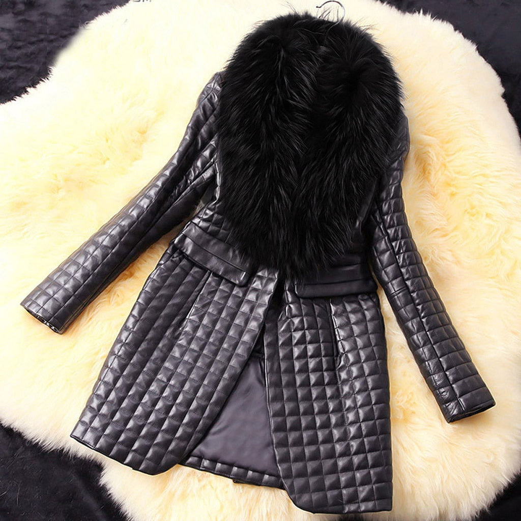 Warm Long Sleeve Faux Leather Fur Coat