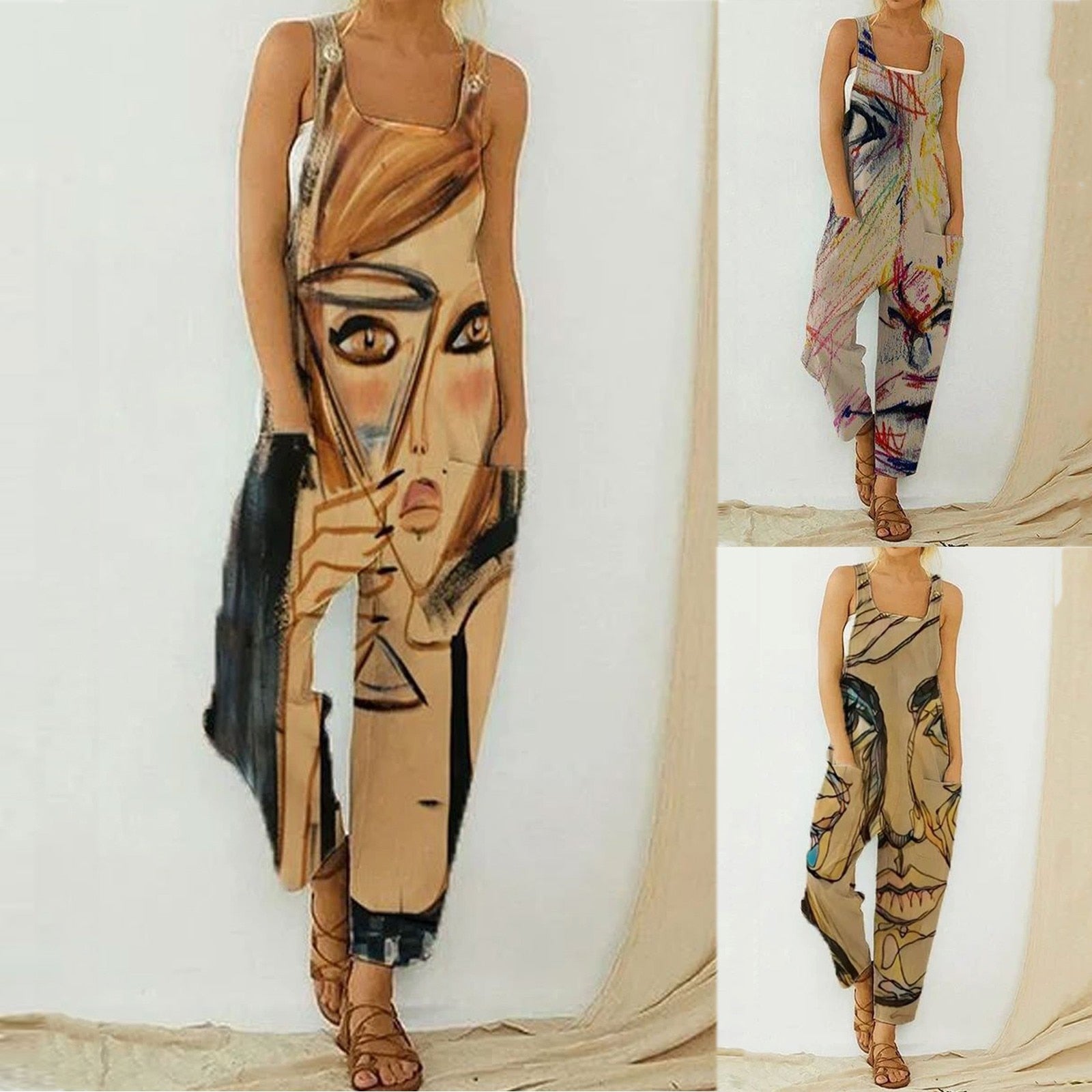 Sleeveless Wide Leg Printed Romper Jumpsuit