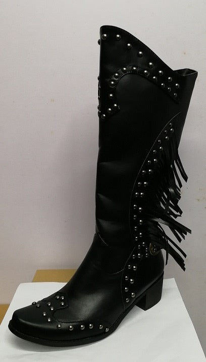 Mid Calf Pu Leather  Cowgirl Retro Boots
