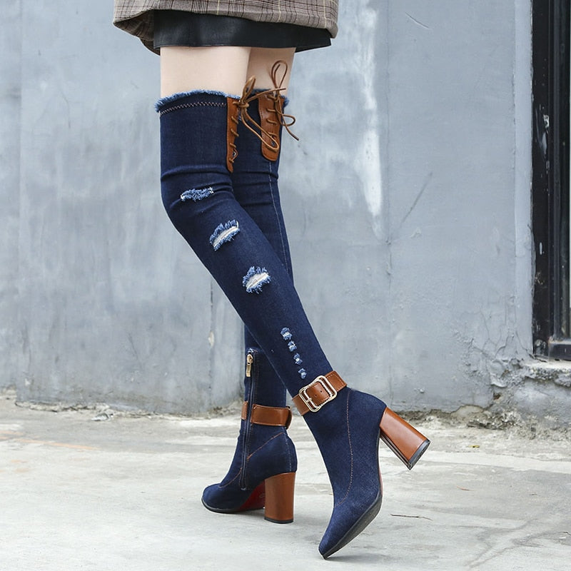 Denim Over The Knee Stretch High Heel Pointed Toe Boots