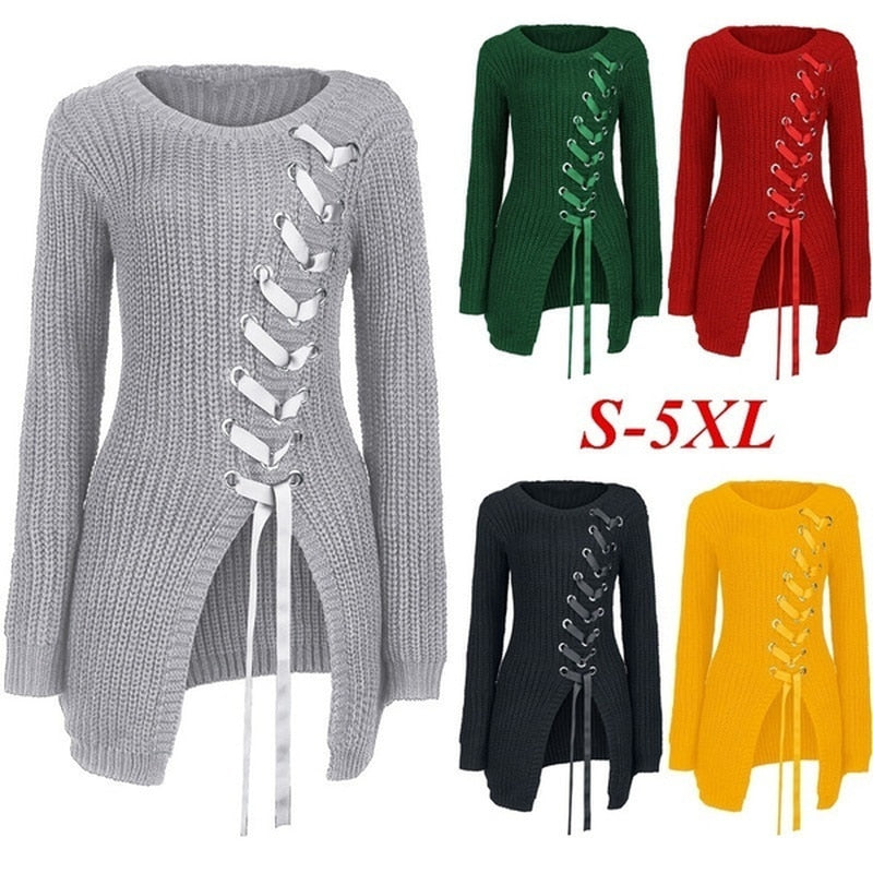 Long Thick Casual Lace-up Sexy Split Sweater With Side Slits